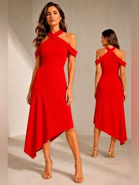 Rachel Roy Capri Drape Exposed Shoulder Asymmetrical Hem Cocktail Red Dress